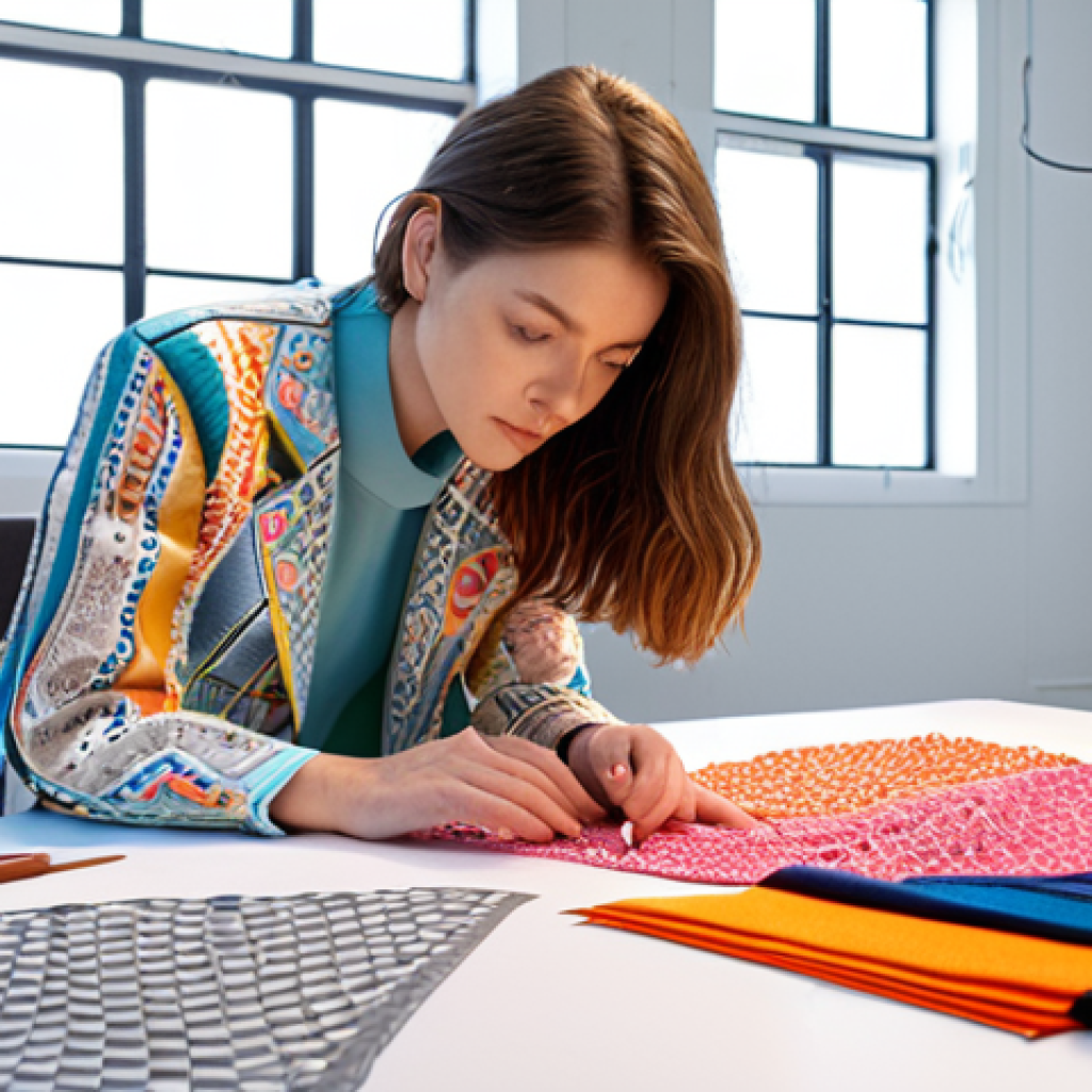 **

A fashion designer in a bright studio, surrounded by fabric swatches and sketches. She's examining a high-tech, possibly 3D-printed textile with a focused expression. The scene highlights innovation and the fusion of traditional design with advanced materials. The setting should have good lighting and a modern, creative feel.

**