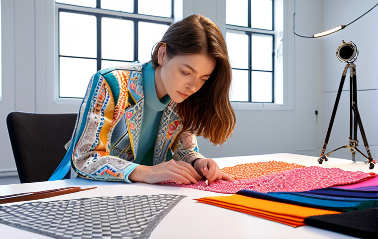 **
A fashion designer in a bright studio, surrounded by fabric swatches and sketches. She's examining a high-tech, possibly 3D-printed textile with a focused expression. The scene highlights innovation and the fusion of traditional design with advanced materials. The setting should have good lighting and a modern, creative feel.
**