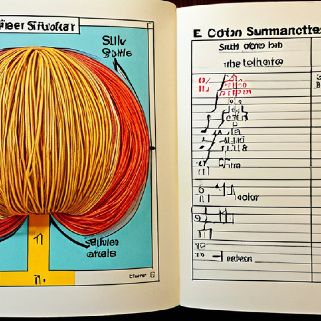 **

Close-up shot of a handwritten notebook page filled with colorful diagrams and concise notes summarizing textile fiber characteristics (cotton, polyester, nylon, silk, rayon). The diagrams should visually represent the fiber structures or properties (e.g., a cotton plant boll for cotton, a chain-like structure for polyester). Include highlighter marks and arrows connecting related concepts. Focus on a style that looks like a student's effective study aid.

**