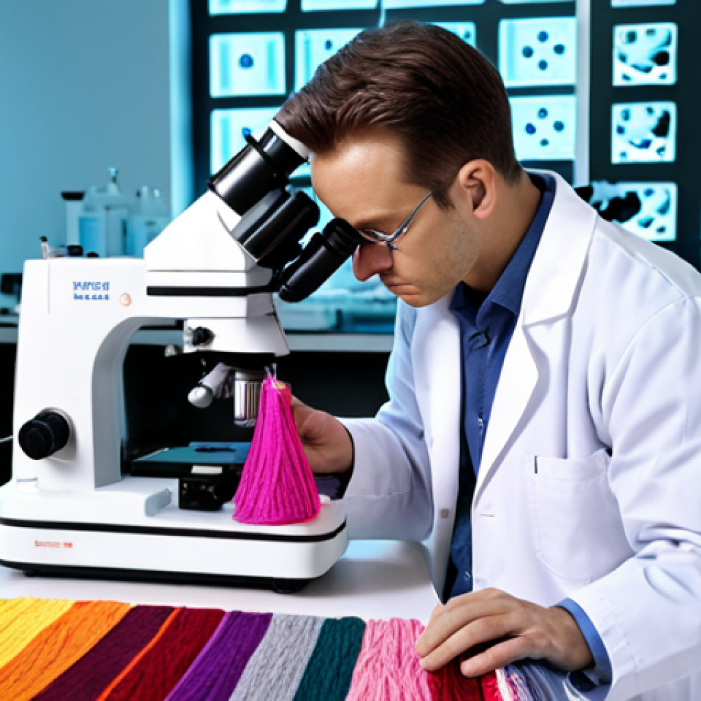 A textile engineer in a lab coat examining fabric under a microscope, with various high-tech machines and colorful yarns in the background, showcasing the science behind textiles.