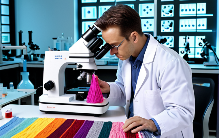 A textile engineer in a lab coat examining fabric under a microscope, with various high-tech machines and colorful yarns in the background, showcasing the science behind textiles.