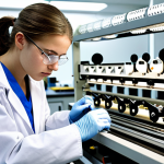 **

A student meticulously operating textile machinery in a well-lit lab, emphasizing focus and precision. The student wears clean safety attire: lab coat and safety glasses. The machinery includes spools of thread and complex mechanisms. The background is slightly blurred to highlight the subject.

**