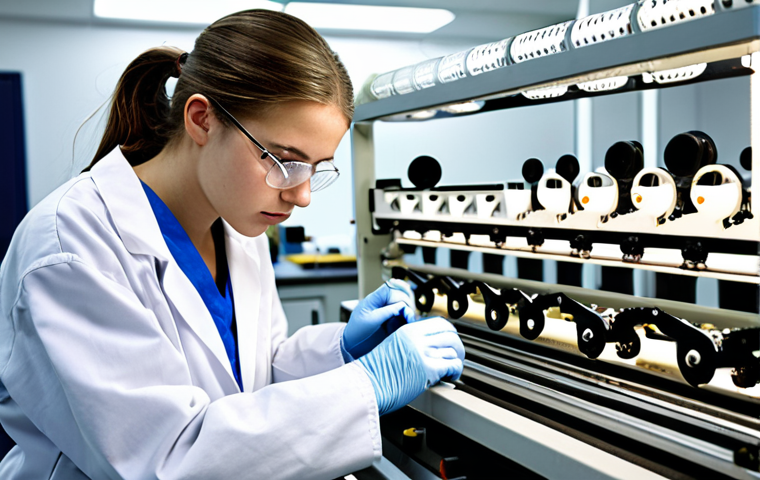 **
A student meticulously operating textile machinery in a well-lit lab, emphasizing focus and precision. The student wears clean safety attire: lab coat and safety glasses. The machinery includes spools of thread and complex mechanisms. The background is slightly blurred to highlight the subject.
**