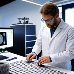 A textile engineer designing innovative fabrics in a modern lab, surrounded by high-tech equipment, showcasing the fusion of technology and textile expertise.