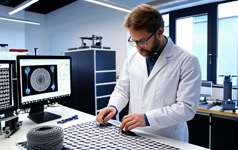 A textile engineer designing innovative fabrics in a modern lab, surrounded by high-tech equipment, showcasing the fusion of technology and textile expertise.