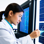 A professional female textile engineer, in a modest lab coat over a fully clothed business suit, meticulously examining an advanced composite textile sample in a brightly lit, futuristic research laboratory. The lab features holographic displays and precision equipment, hinting at automotive and aerospace applications. The engineer's hands are well-formed, showing correct proportions, in a natural pose, reflecting perfect anatomy. The image should convey innovation and high-tech development, safe for work, appropriate content, family-friendly, professional photography, high quality.