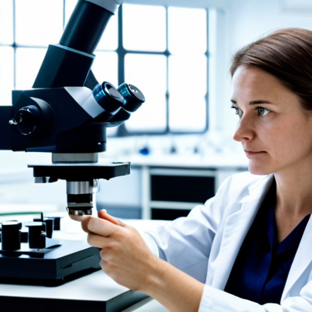 A focused professional female textile engineer in a modest lab coat, meticulously examining advanced smart textile samples under a microscope in a clean, modern research laboratory. The background features blurred, high-tech analytical equipment and sustainable material prototypes. The atmosphere is innovative and research-driven, with bright, even lighting. safe for work, appropriate content, fully clothed, professional dress, perfect anatomy, correct proportions, natural pose, well-formed hands, proper finger count, natural body proportions, high quality, professional photography.