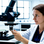 A focused professional female textile engineer in a modest lab coat, meticulously examining advanced smart textile samples under a microscope in a clean, modern research laboratory. The background features blurred, high-tech analytical equipment and sustainable material prototypes. The atmosphere is innovative and research-driven, with bright, even lighting. safe for work, appropriate content, fully clothed, professional dress, perfect anatomy, correct proportions, natural pose, well-formed hands, proper finger count, natural body proportions, high quality, professional photography.