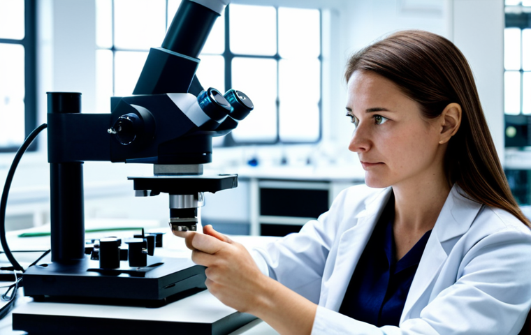 A focused professional female textile engineer in a modest lab coat, meticulously examining advanced smart textile samples under a microscope in a clean, modern research laboratory. The background features blurred, high-tech analytical equipment and sustainable material prototypes. The atmosphere is innovative and research-driven, with bright, even lighting. safe for work, appropriate content, fully clothed, professional dress, perfect anatomy, correct proportions, natural pose, well-formed hands, proper finger count, natural body proportions, high quality, professional photography.