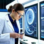 A professional female textile engineer in a modest lab coat and safety glasses, meticulously examining a sample of advanced smart textile fabric under bright, modern lab lighting. The background features blurred, futuristic machinery and screens displaying intricate material structures. The focus is on innovative material development for applications like wearable technology or space exploration. The subject is fully clothed, appropriate attire, professional dress, safe for work, appropriate content, perfect anatomy, correct proportions, natural pose, well-formed hands, proper finger count, natural body proportions, high-quality, professional photography.