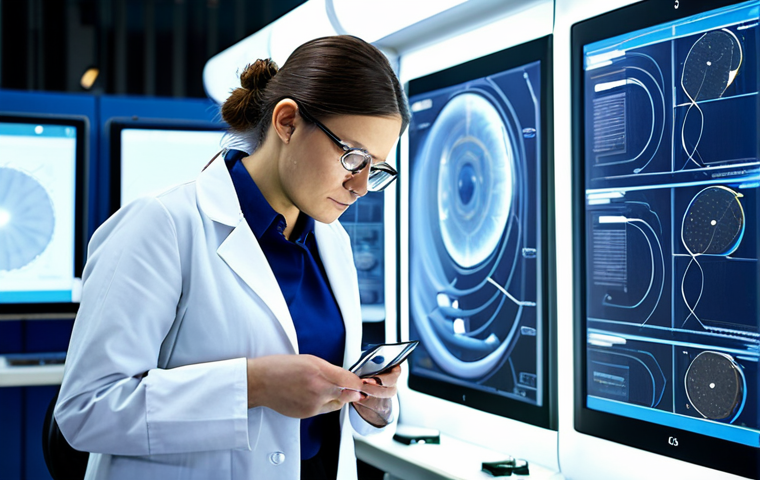 A professional female textile engineer in a modest lab coat and safety glasses, meticulously examining a sample of advanced smart textile fabric under bright, modern lab lighting. The background features blurred, futuristic machinery and screens displaying intricate material structures. The focus is on innovative material development for applications like wearable technology or space exploration. The subject is fully clothed, appropriate attire, professional dress, safe for work, appropriate content, perfect anatomy, correct proportions, natural pose, well-formed hands, proper finger count, natural body proportions, high-quality, professional photography.
