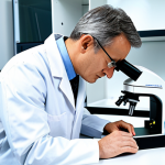 A professional adult textile engineer in a modest lab coat and professional attire, intently examining a fabric sample under a high-magnification microscope in a clean, brightly lit modern research laboratory. Scientific instruments and textile materials are visible in the background. Professional photography, high quality, perfect anatomy, correct proportions, well-formed hands, proper finger count, natural body proportions, safe for work, appropriate content, fully clothed, professional dress.