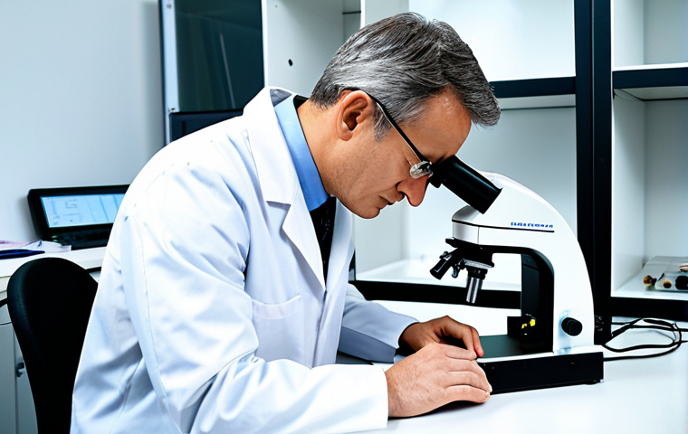 A professional adult textile engineer in a modest lab coat and professional attire, intently examining a fabric sample under a high-magnification microscope in a clean, brightly lit modern research laboratory. Scientific instruments and textile materials are visible in the background. Professional photography, high quality, perfect anatomy, correct proportions, well-formed hands, proper finger count, natural body proportions, safe for work, appropriate content, fully clothed, professional dress.
