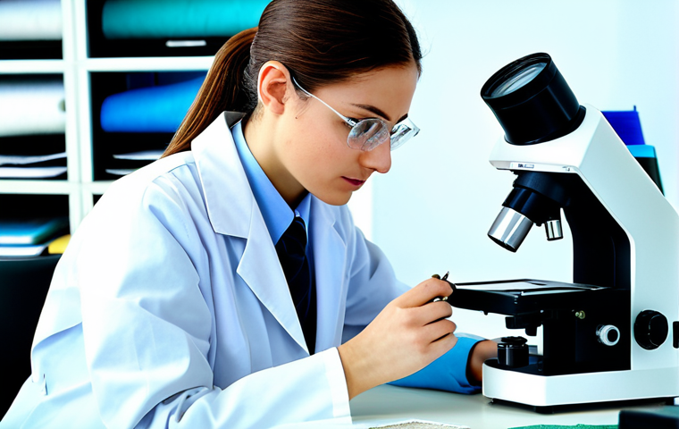 **
"A young, professional textile engineer in a fully clothed, modest lab coat, examining fabric samples under a microscope in a bright, modern textile research lab. Safe for work, appropriate content, perfect anatomy, natural proportions, professional environment."
**