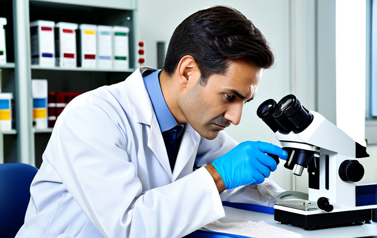 A professional textile engineer in a fully clothed lab coat, inspecting fabric samples under a microscope in a bright laboratory, appropriate attire, safe for work, perfect anatomy, natural proportions, professional.