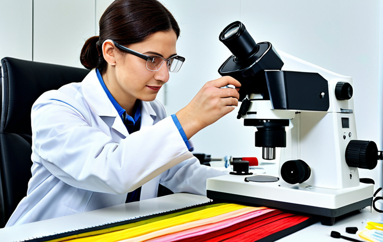 Textile Engineer at Work**

"A professional textile engineer, fully clothed in appropriate lab attire, examining a fabric sample under a microscope in a bright, modern textile laboratory, surrounded by equipment and spools of colorful threads, perfect anatomy, correct proportions, well-formed hands, proper finger count, safe for work, appropriate content, professional, high-quality, detailed, realistic."

**