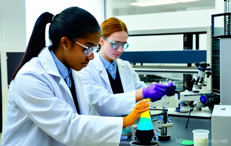 섬유기사와 실기시험 준비 사례 - **Image Prompt 1: High-Precision Textile Chemistry Laboratory**
    A group of three diverse young a...