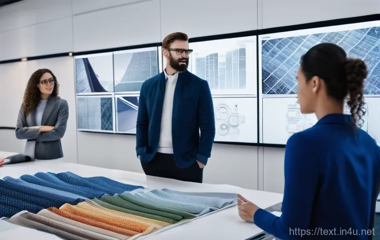 섬유기사 자격증의 효용과 미래 - A close-up shot of a meticulous textile engineer, wearing a professional lab coat and safety glasses...