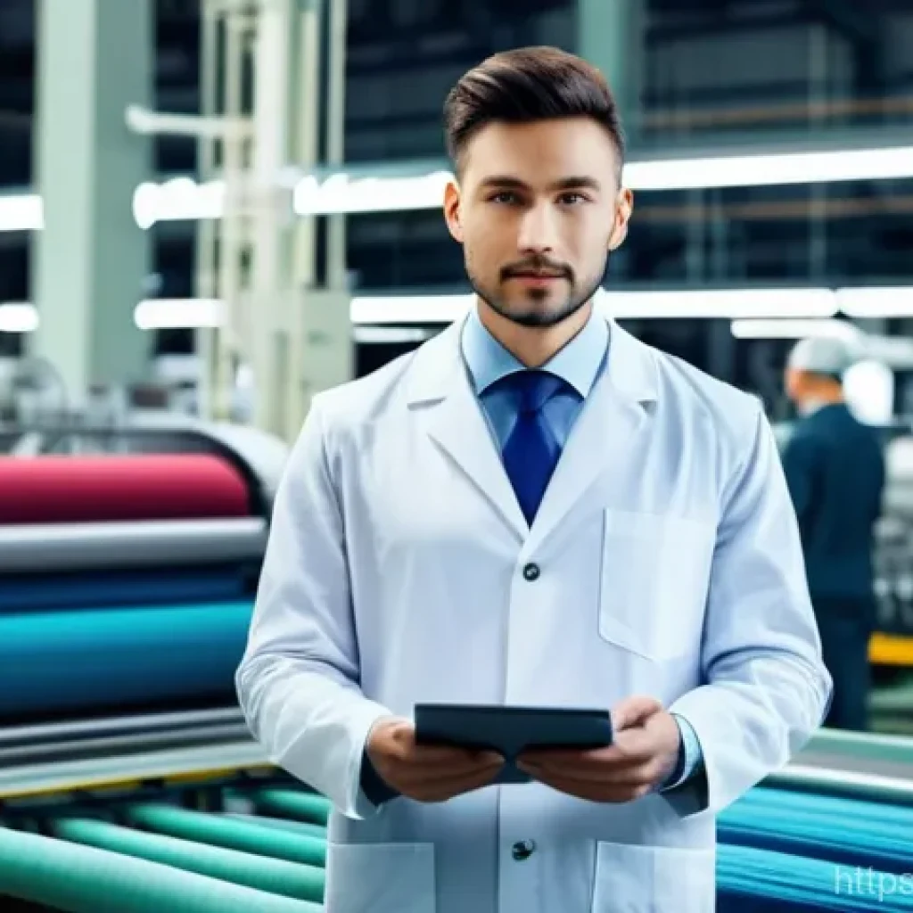 섬유기사와 필기시험 준비 단계 - A professional textile engineer, either a man or a woman in a neat lab coat, stands confidently in a...