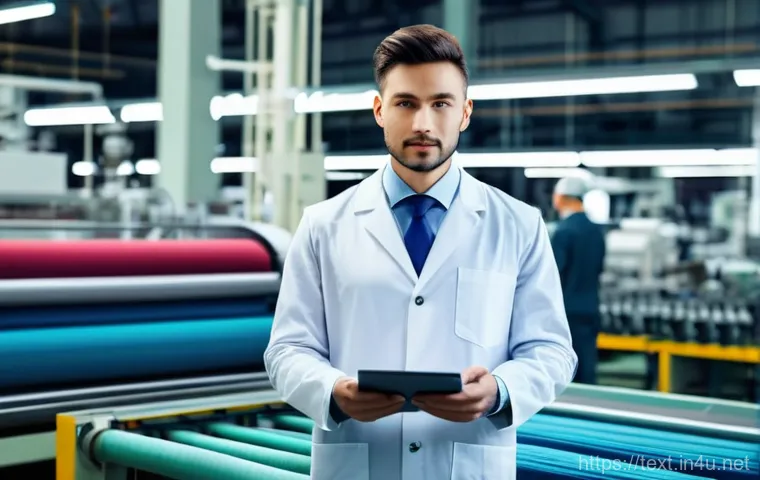 섬유기사와 필기시험 준비 단계 - A professional textile engineer, either a man or a woman in a neat lab coat, stands confidently in a...