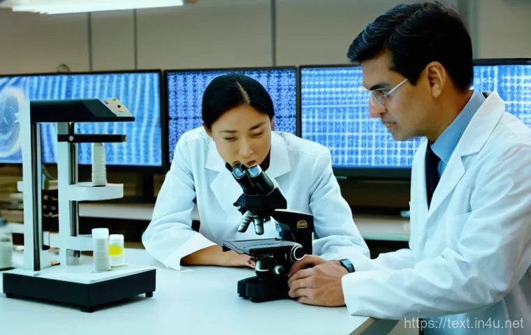섬유기사와 필기시험 준비 단계 - A professional textile engineer, either a man or a woman in a neat lab coat, stands confidently in a...