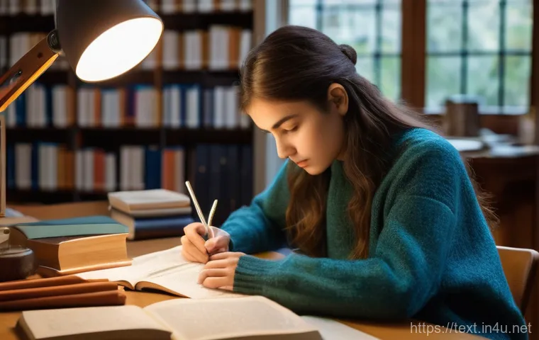 섬유기사와 실기시험 대비 성공 사례 - A focused young woman in her early twenties, dressed in a comfortable yet stylish sweater and jeans,...