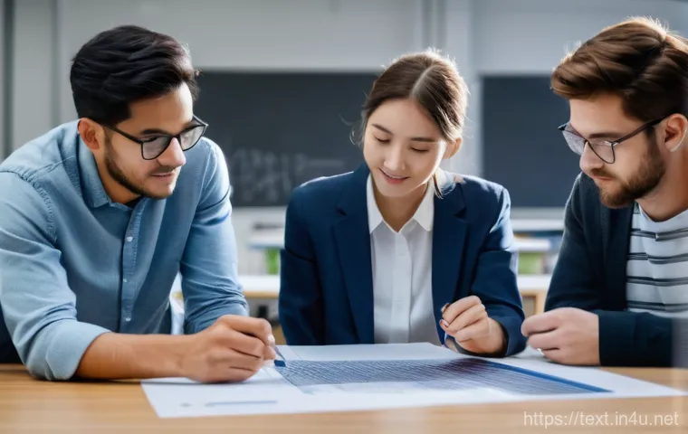섬유기사 실기시험의 중요성 - A triumphant and diverse group of young textile engineers (two men and two women, all in their mid-2...