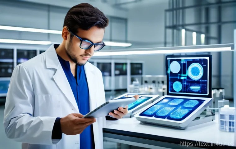 섬유기사 필기시험의 예상 문제 - A professional textile engineer, in a clean, brightly lit laboratory, stands confidently amidst vari...