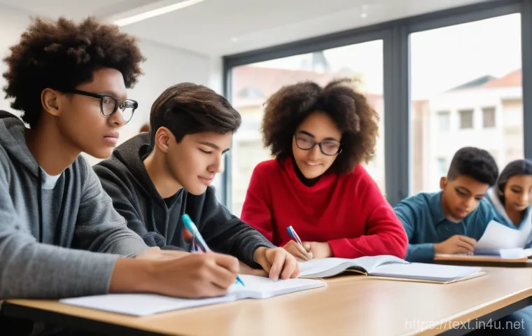 섬유기사 필기시험의 예상 문제 - A focused young adult is studying intently at a desk, surrounded by textbooks and notebooks related ...
