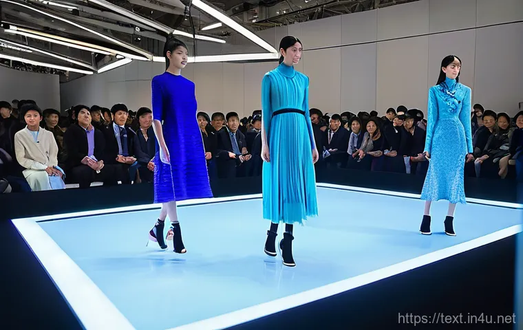 섬유기사와 품질관리 시험 - **K-Fashion and Advanced Textile Technology Display:** A modern, brightly lit exhibition hall showca...