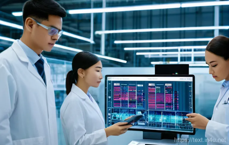 섬유기사와 품질관리 시험 - **K-Fashion and Advanced Textile Technology Display:** A modern, brightly lit exhibition hall showca...