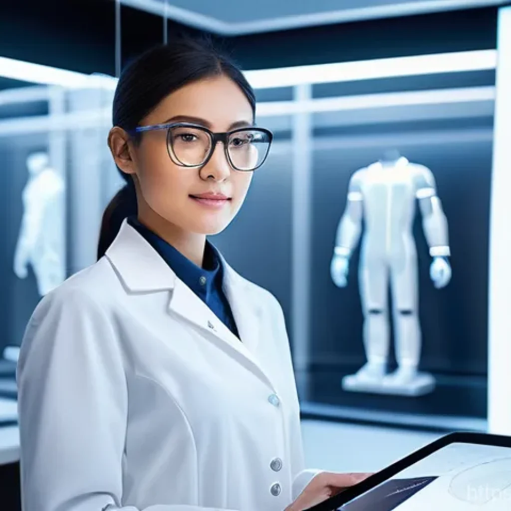 섬유기사 자격증의 가치와 전망 - A professional female textile engineer, dressed in a clean, modern lab coat over smart casual attire...