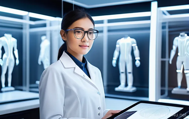 섬유기사 자격증의 가치와 전망 - A professional female textile engineer, dressed in a clean, modern lab coat over smart casual attire...