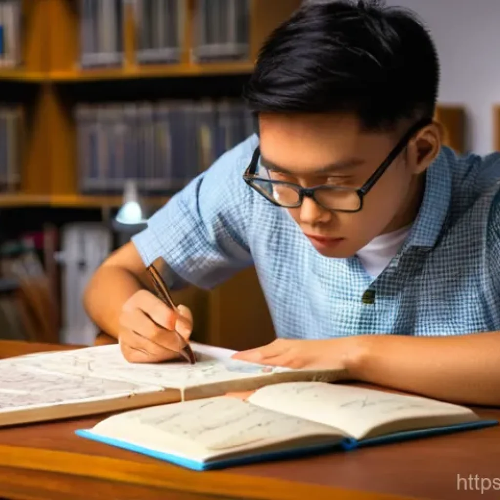 섬유기사 필기시험 예상문제 - A young adult student, of East Asian descent, sits at a wooden desk cluttered with open textbooks, n...