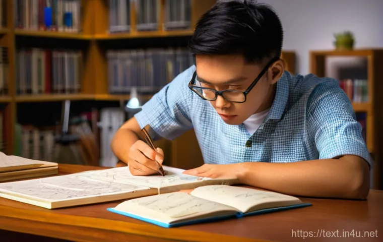 섬유기사 필기시험 예상문제 - A young adult student, of East Asian descent, sits at a wooden desk cluttered with open textbooks, n...