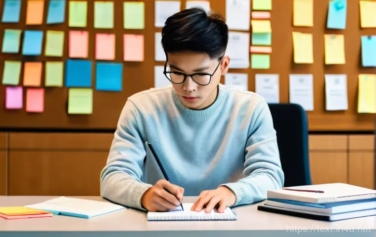 섬유기사 필기시험 예상문제 - A young adult student, of East Asian descent, sits at a wooden desk cluttered with open textbooks, n...