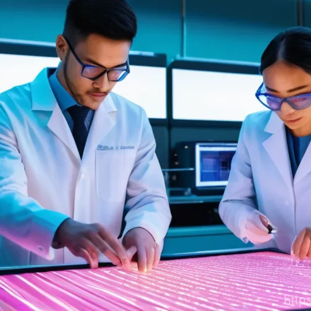섬유기사와 시험 준비 동영상 - A futuristic, brightly lit textile research and development laboratory. In the foreground, a diverse...