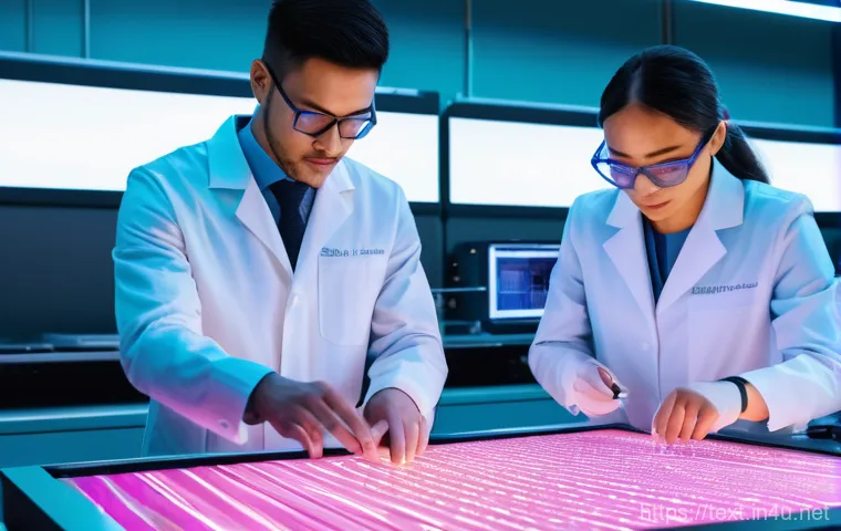섬유기사와 시험 준비 동영상 - A futuristic, brightly lit textile research and development laboratory. In the foreground, a diverse...