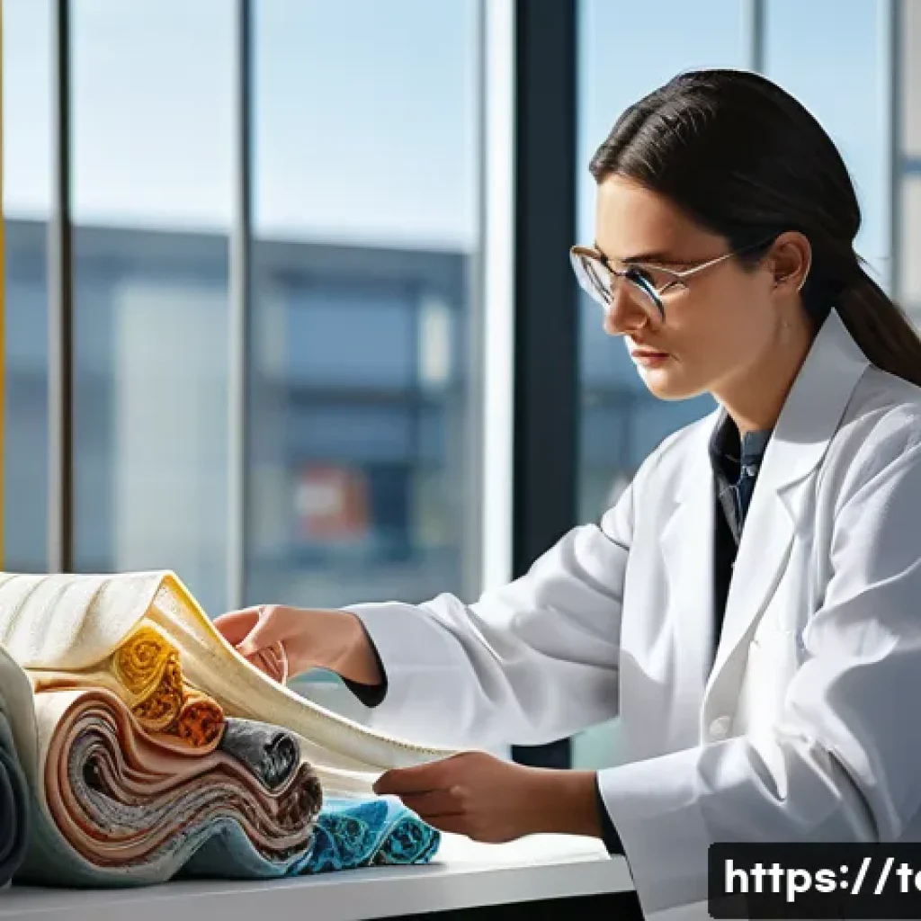 섬유기사와 직무별 기술 요구사항 - A female textile engineer, in her late 20s, with a focused expression, wearing a white lab coat over...