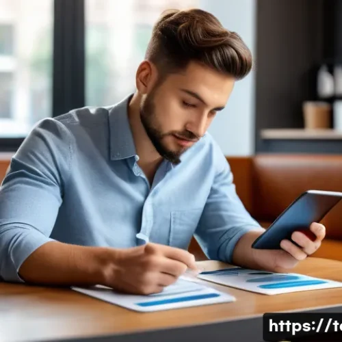 Home 31 섬유기사 공부 시간 관리법 - A focused young professional studying fiber industry materials during a short break at a modern cafe...