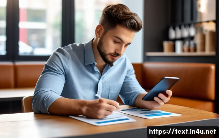 섬유기사 공부 시간 관리법 - A focused young professional studying fiber industry materials during a short break at a modern cafe...