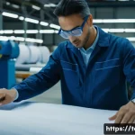 Home 18 섬유기사 이직 사례 - A professional textile engineer in a modern factory setting, wearing a clean uniform and safety glas...
