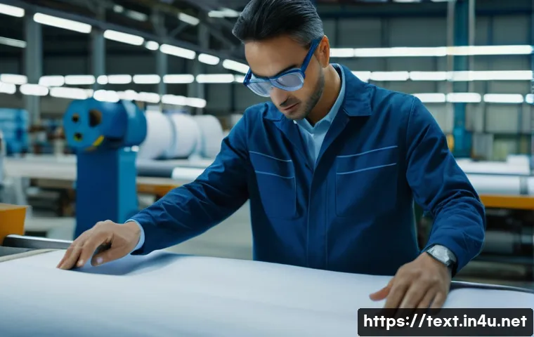섬유기사 이직 사례 - A professional textile engineer in a modern factory setting, wearing a clean uniform and safety glas...