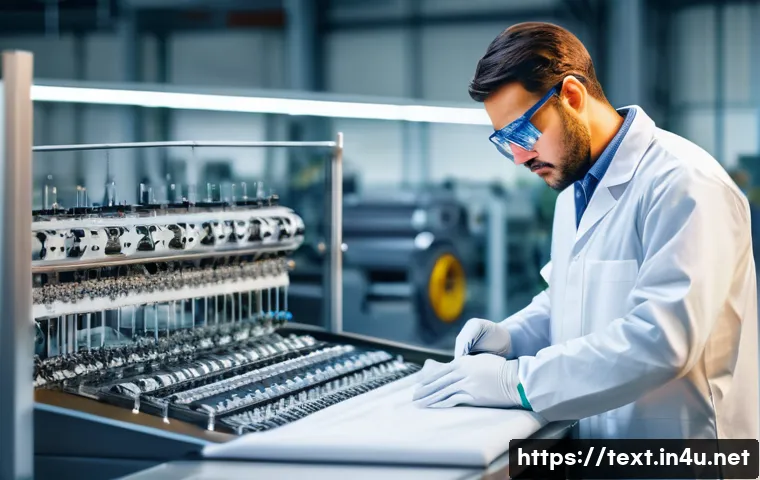 섬유기사 이직 성공담 - A professional textile engineer in a modern industrial setting, wearing protective work attire inclu...