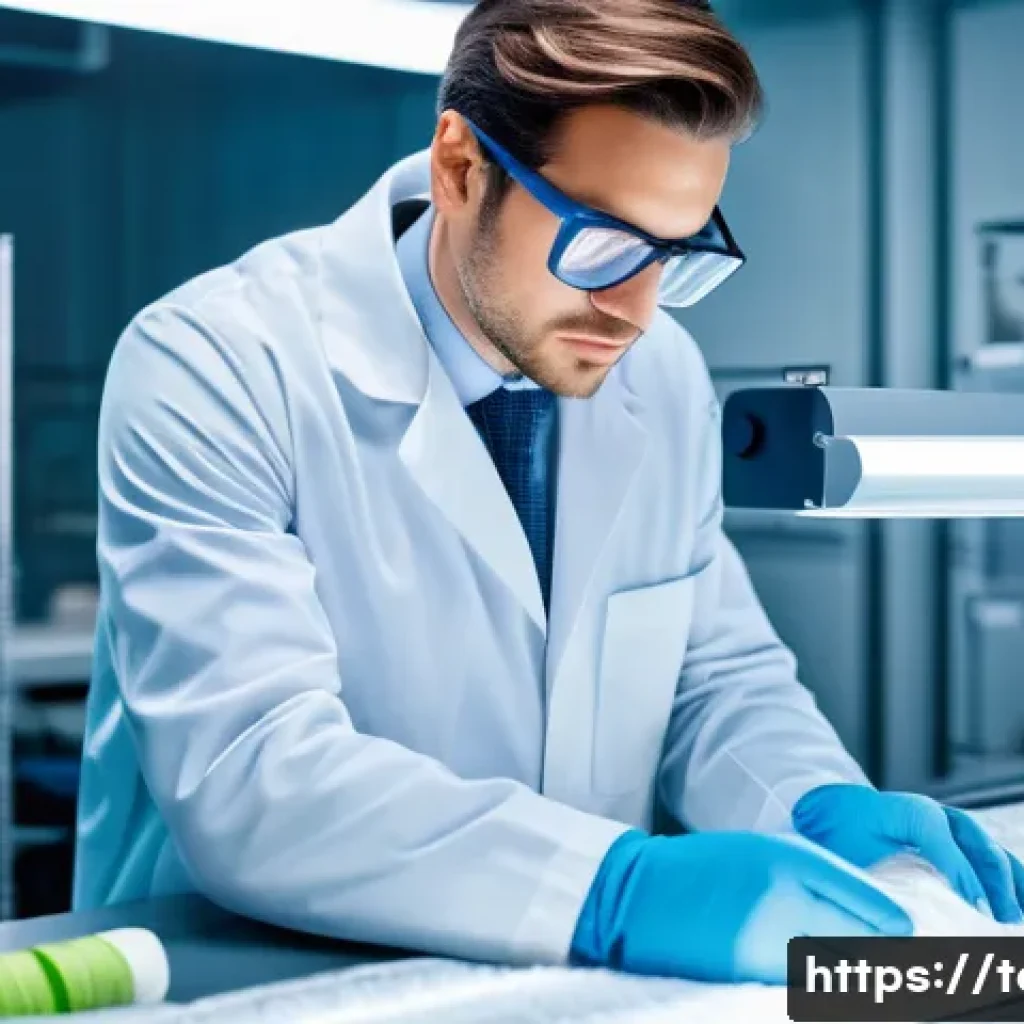 섬유기사 연봉 인상 사례 - A professional textile engineer in a modern industrial setting, wearing safety glasses and a lab coa...