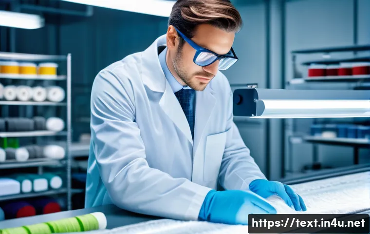 섬유기사 연봉 인상 사례 - A professional textile engineer in a modern industrial setting, wearing safety glasses and a lab coa...