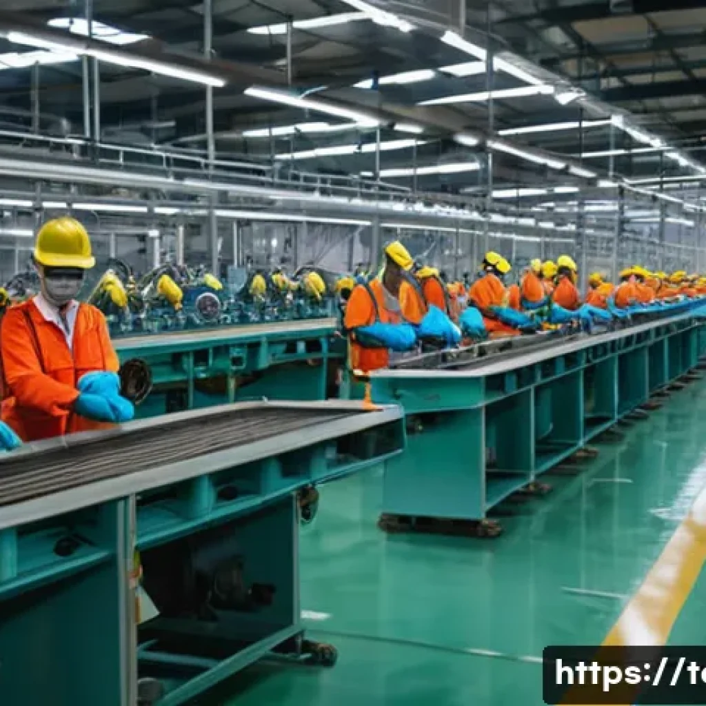 섬유기사 직무별 근무 환경 - A bustling textile production factory interior showing large-scale machinery in operation with worke...
