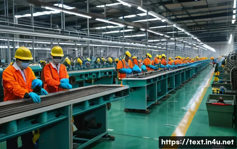 섬유기사 직무별 근무 환경 - A bustling textile production factory interior showing large-scale machinery in operation with worke...
