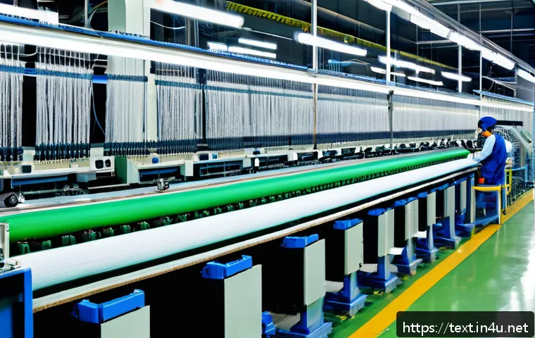 섬유기사 필기시험 대비 방법 - A detailed illustration of a modern textile factory focusing on the spinning and weaving processes, ...