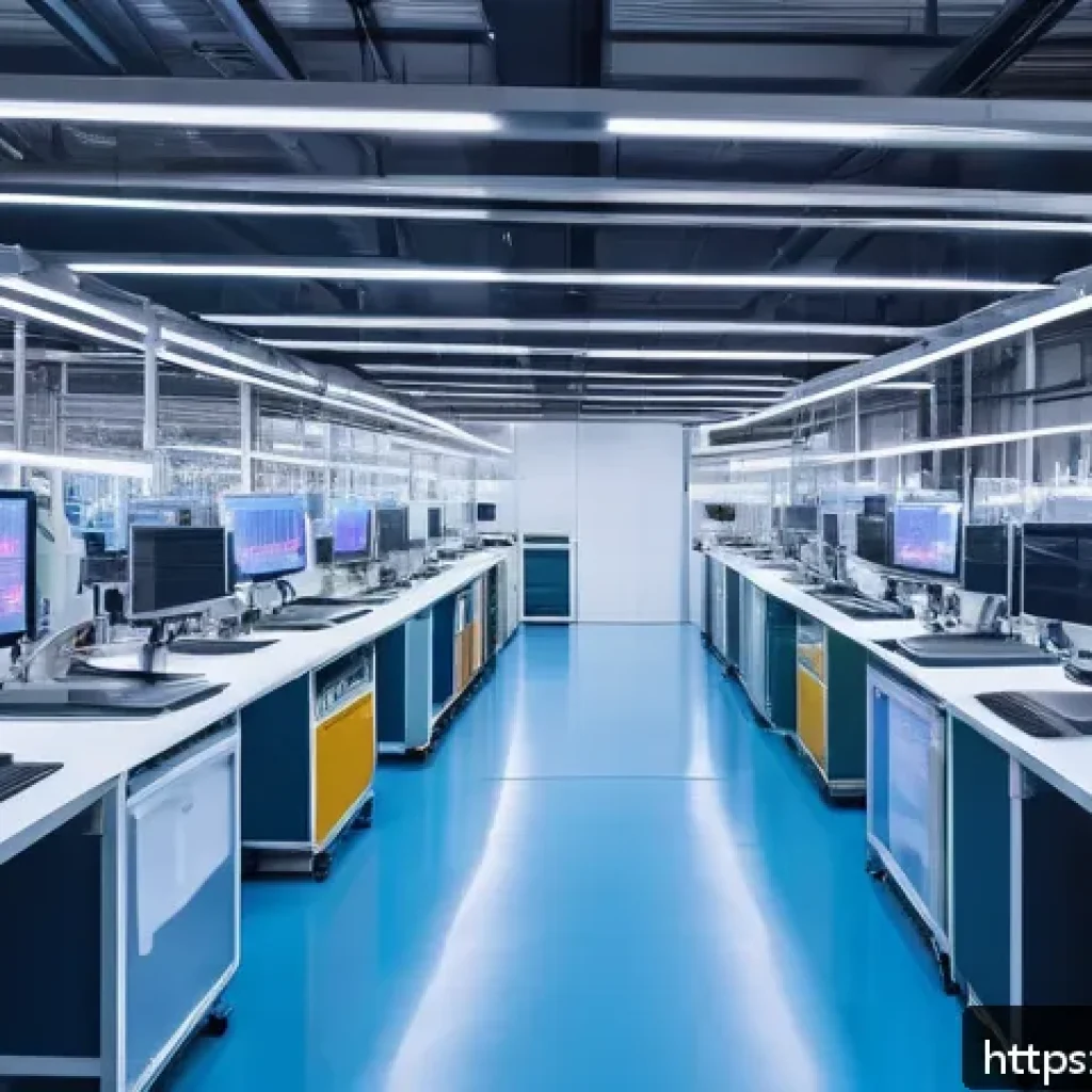 섬유기사와 기술 발전 - A futuristic smart textile factory interior showcasing automated robotic arms assembling wearable sm...